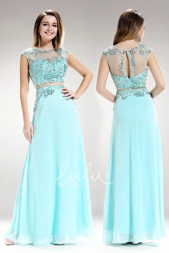 A-Line Cap-Sleeve Chiffon Illusion Dress with Beading Long Jewel-Neck
