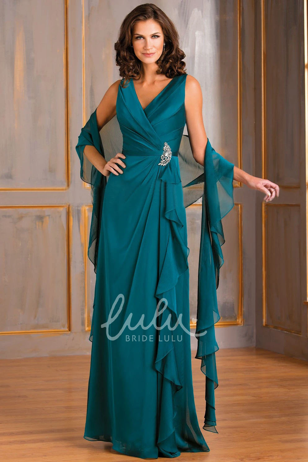 Ruffled V-Neck Sleeveless Gown with Shawl and Crystals