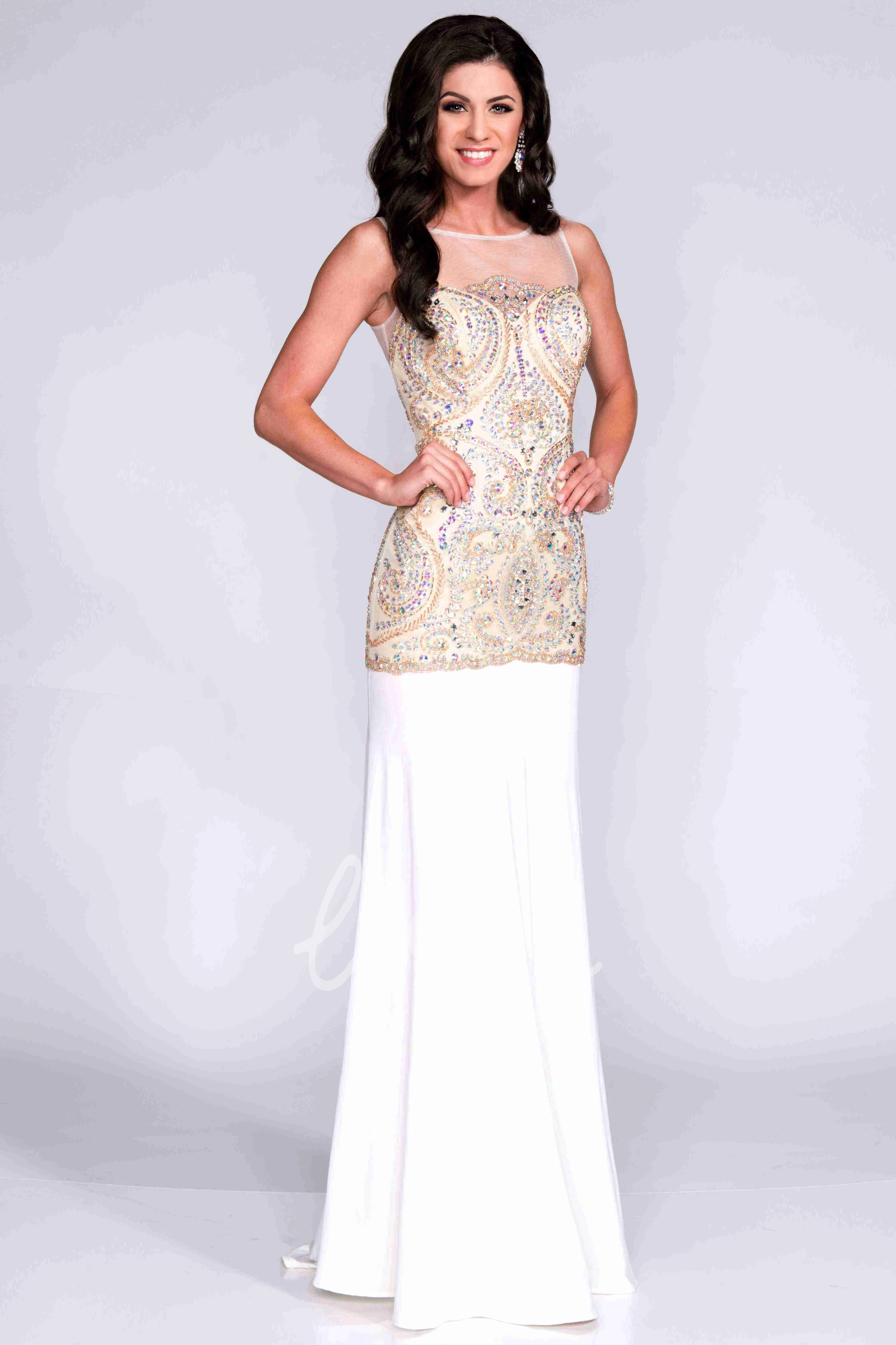 Jeweled Sheath Prom Dress Keyhole Back Beaded Bodice Jersey Material