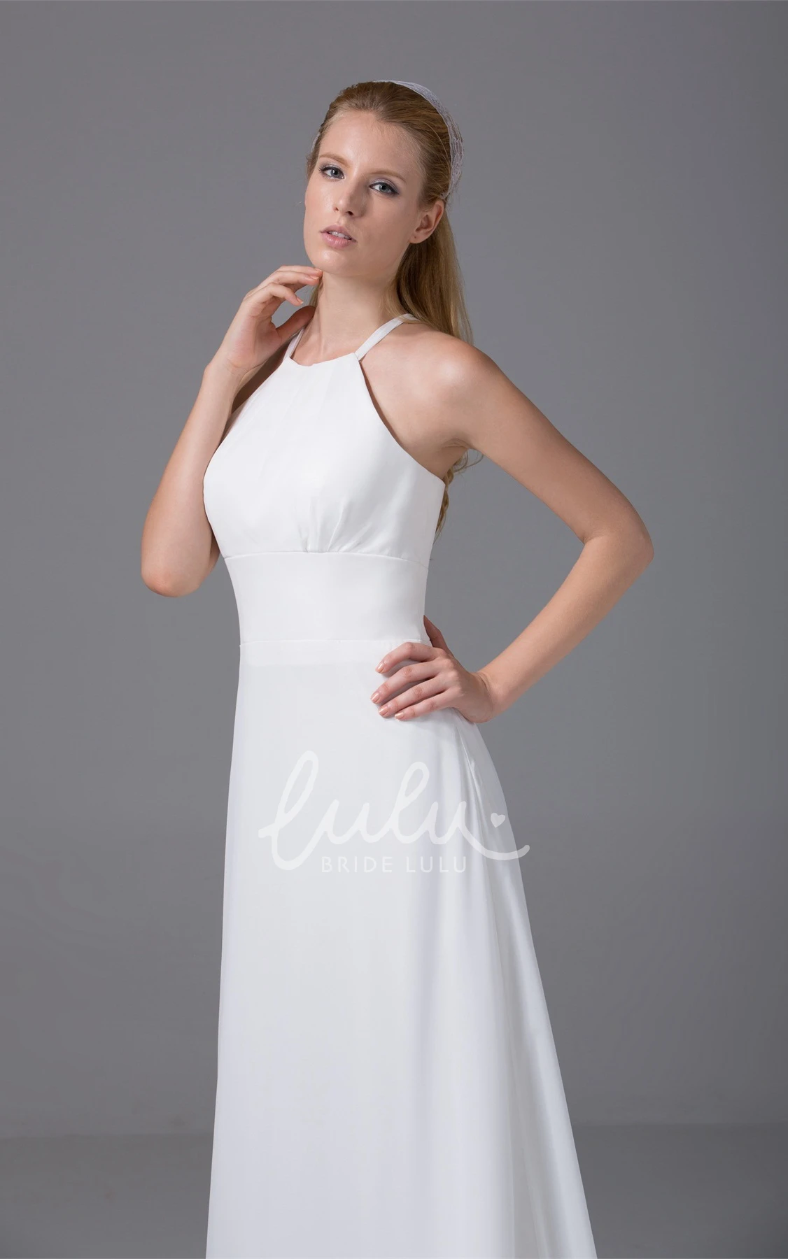 Sleeveless Halter Chiffon A-Line Long Wedding Dress Simple Beach Bridal Gown