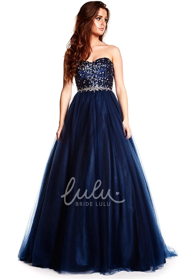 Floor-Length Beaded Tulle Prom Dress with Sweetheart Neckline and Waist Jewelry