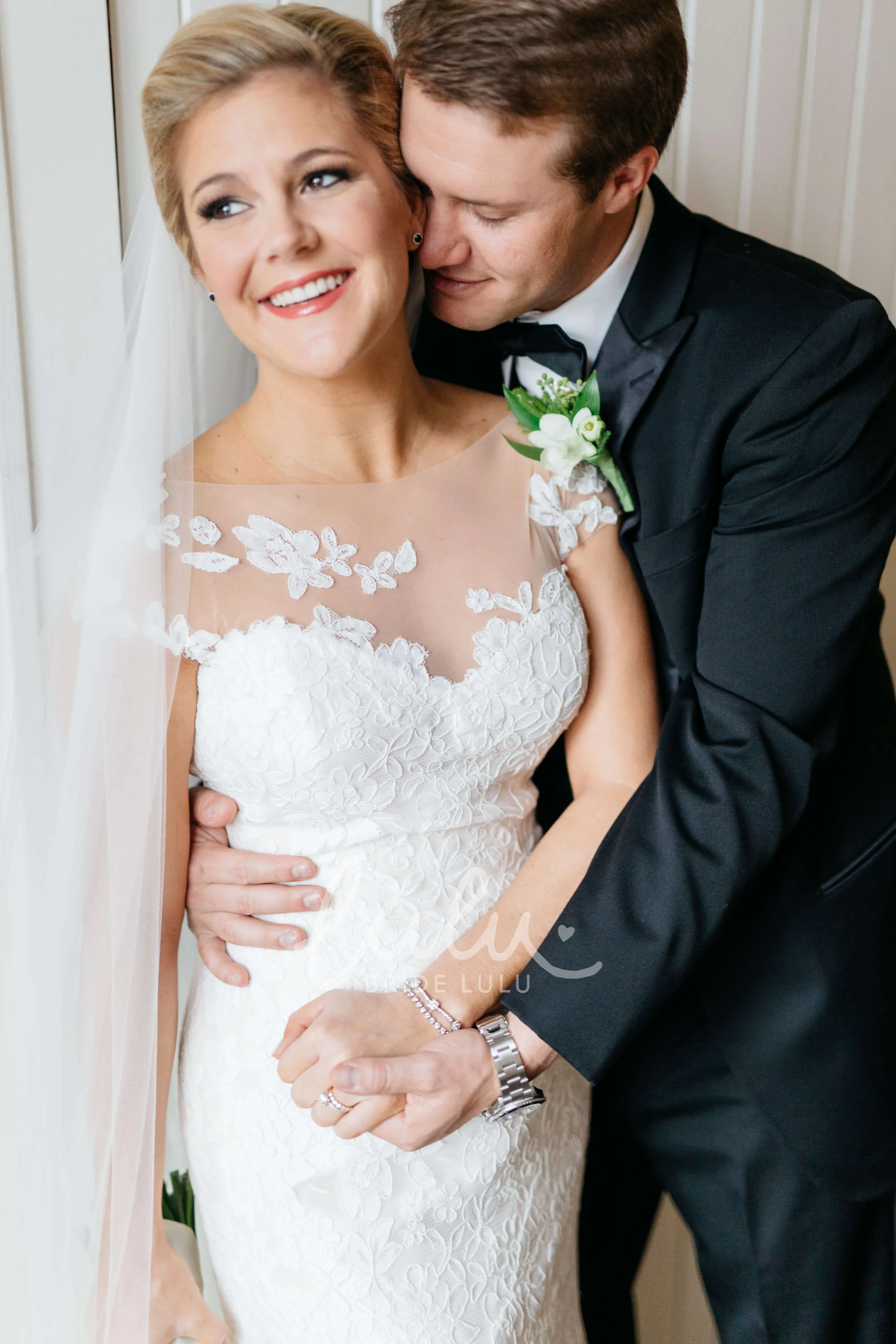 Mermaid Bateau Gown with Empire Waist and Lace Cap Sleeves Floral Appliques Unique Wedding Dress