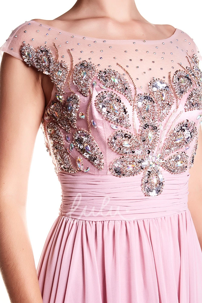 Beaded Cap-Sleeve Chiffon Prom Dress with Scoop Neck Elegant Prom Dress