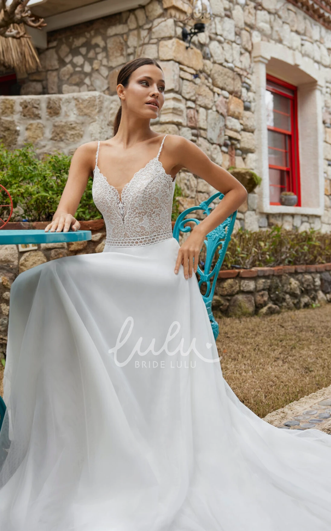 Bohemian Garden Wedding Dress Flowy Chiffon A-Line with Lace Spaghetti Straps