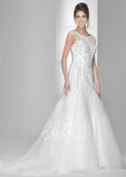 Tulle Cap-Sleeve A-Line Wedding Dress with Beaded Scoop Neckline