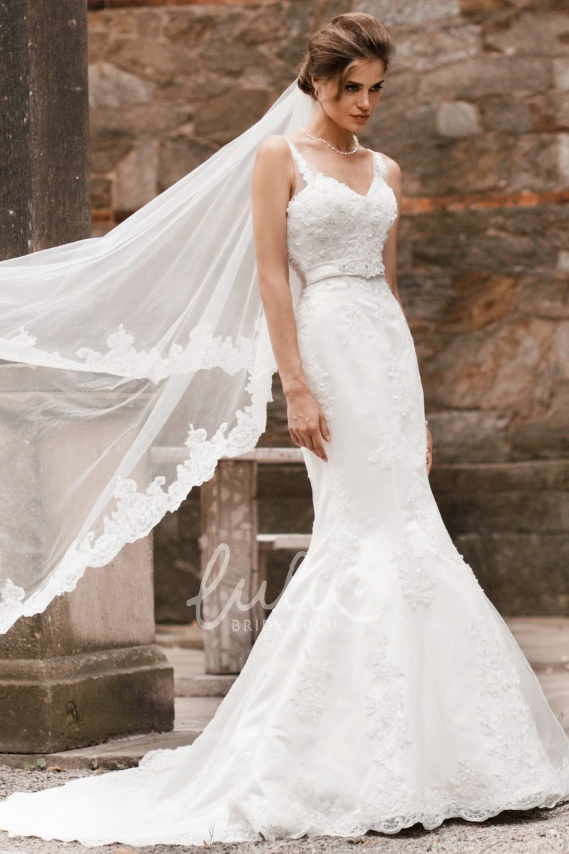 Mermaid Lace Appliqued V-Neck Wedding Dress in Floor-Length
