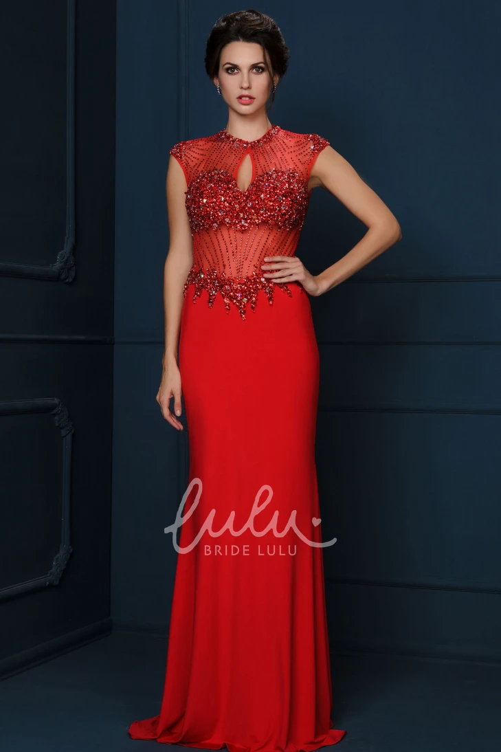 Crystal Cap-Sleeve Sheath Jersey Evening Dress Simple Dress for Women