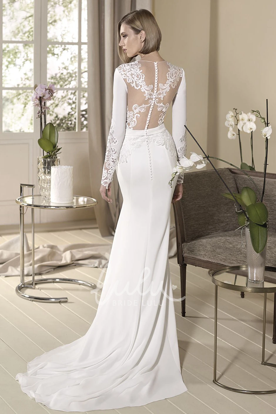 High-Neck Long-Sleeve Appliqued Wedding Dress with Beading Sheath Style