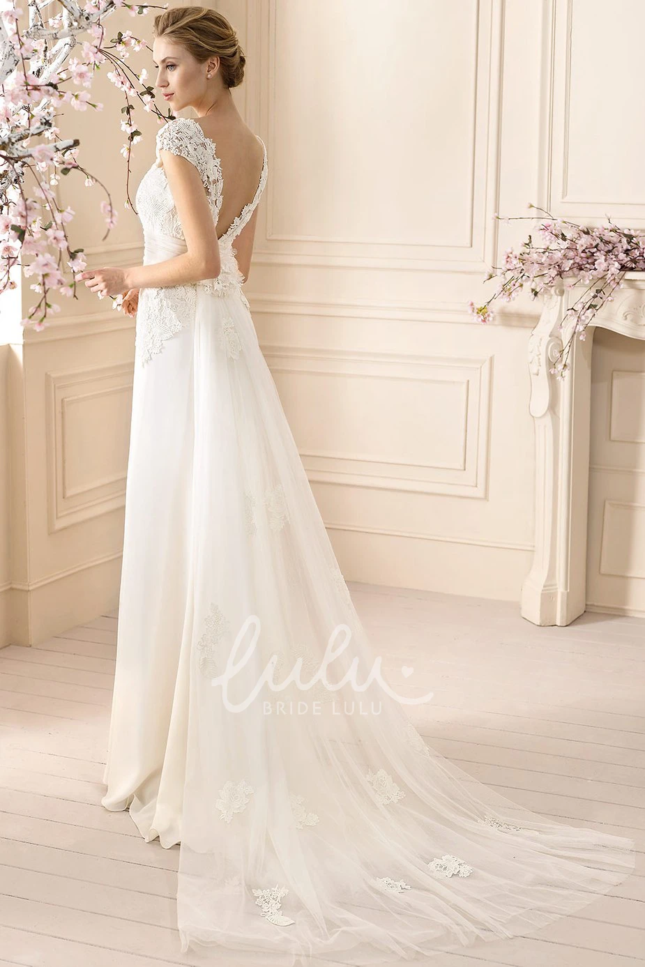 Cap-Sleeve Appliqued Sheath Jersey Wedding Dress with High Neck