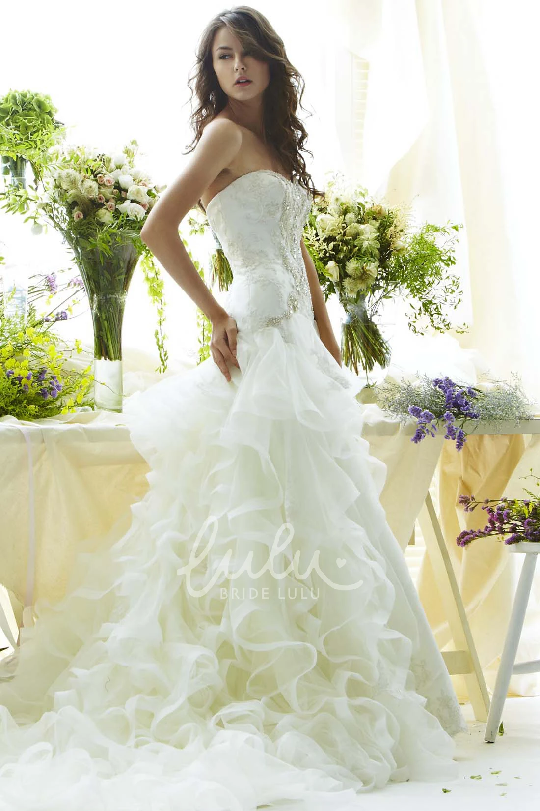 Long Ruffled Organza Wedding Dress with Appliques and Beading A-Line Strapless Sleeveless