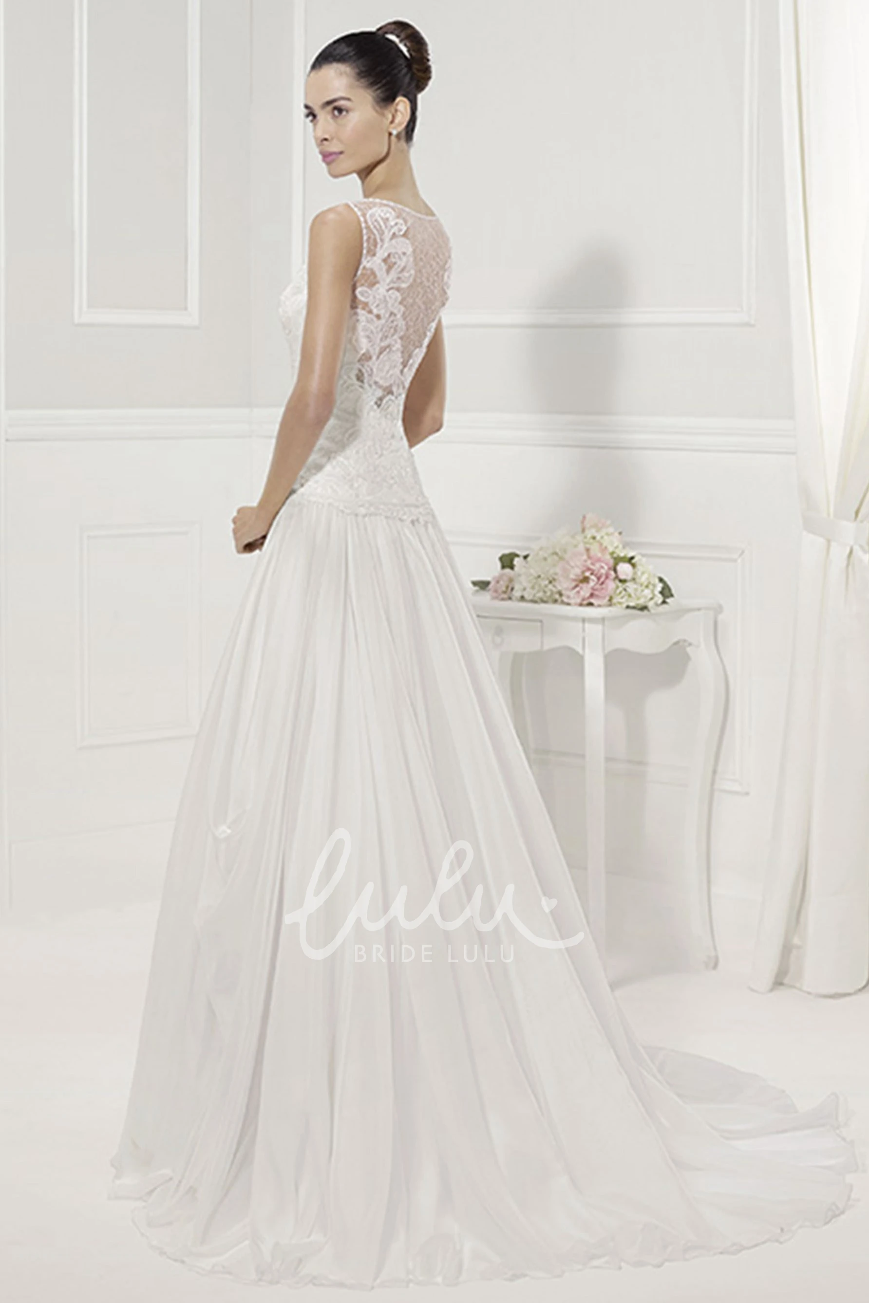 A-Line Drop Waist Wedding Dress with V-Neck Applique Bodice