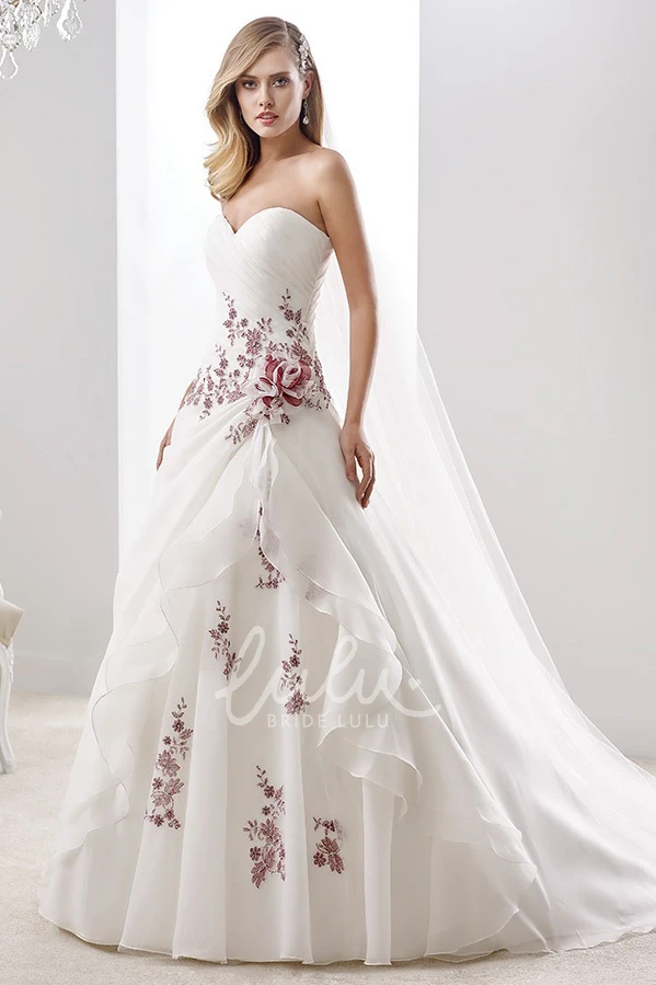 Floral A-Line Wedding Dress with Sweetheart Neckline and Side Ruffles