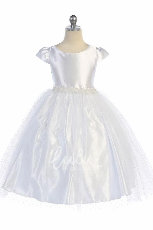 Cap-Sleeve Beaded Tulle&Satin Floral Girl Dress Tea-Length Dress