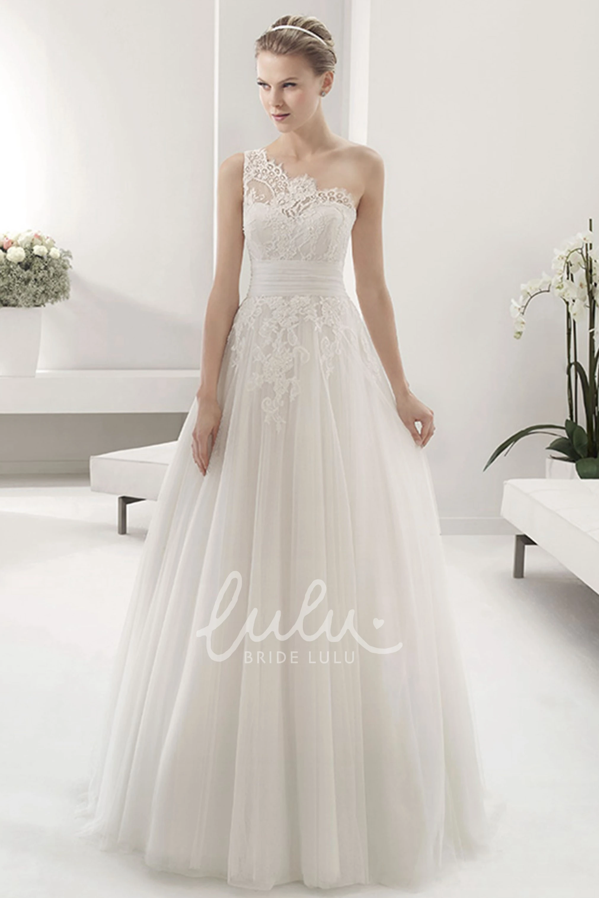 Empire Lace Single Strap Tulle Gown with Bandage Unique Bridesmaid Dress