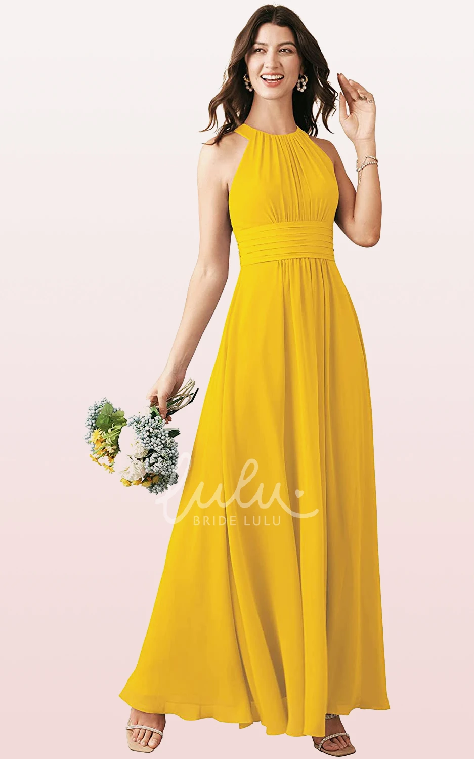 Halter Chiffon Ankle-Length A-Line Bridesmaid Dress with Ruching Boho & Beachy