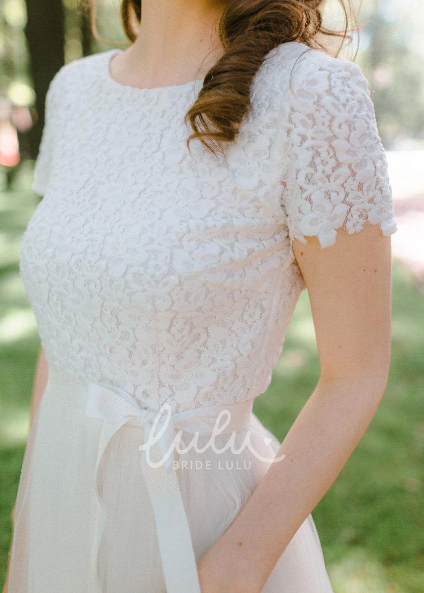 Short Sleeve Lace Bodice Tulle Wedding Dress with Jewel Neckline