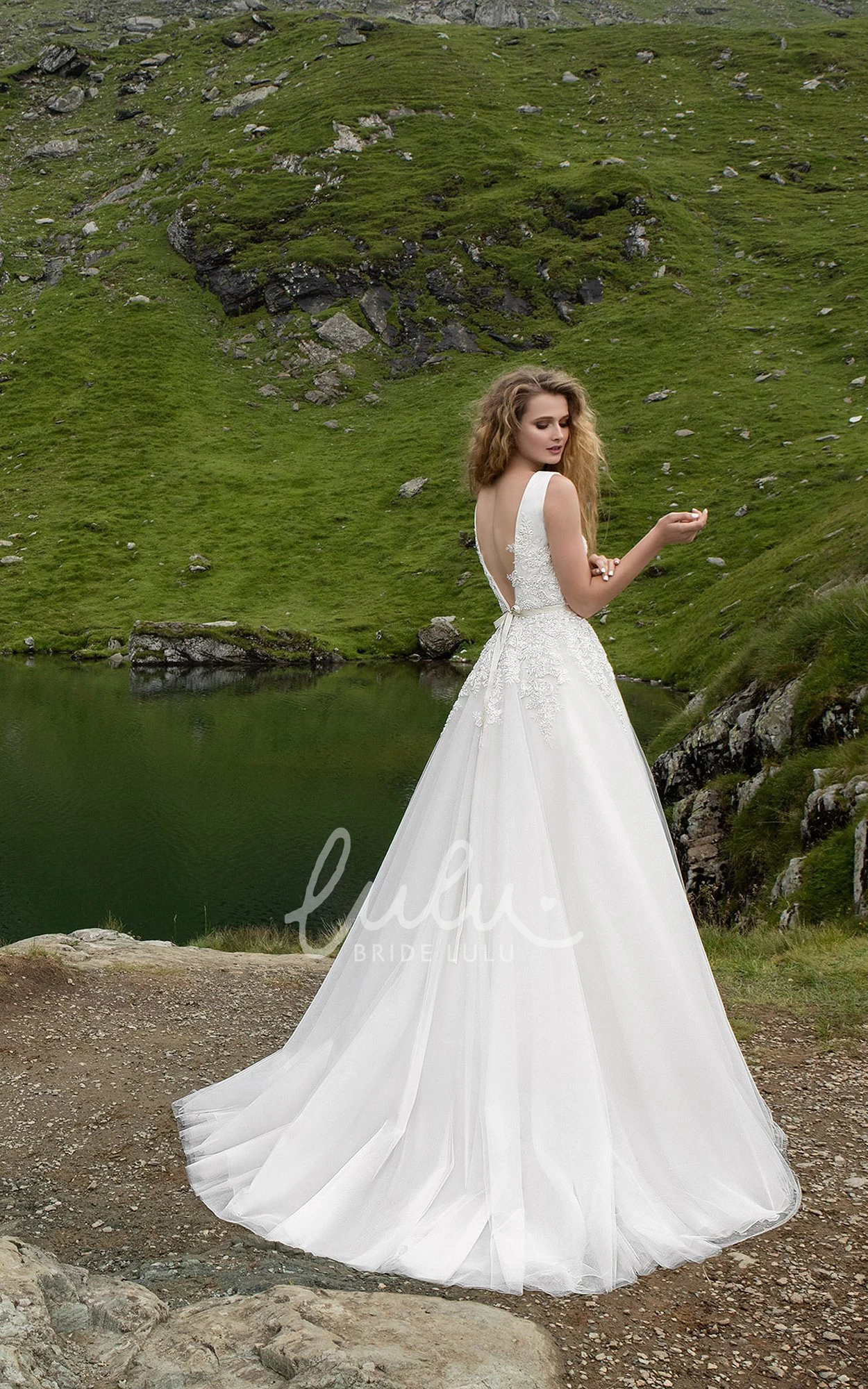 V-Neck Tulle Bridesmaid Dress with Appliques and Low Back