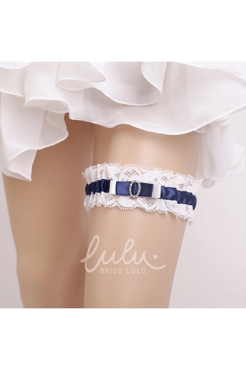 Original Handmade Blue Satin Beading White Lace Bridal Garter Wedding Dress 16-23inch Elastic