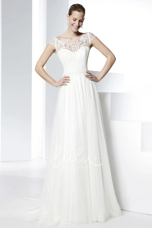 Elegant Scoop Appliqued Tulle Wedding Dress with Brush Train Floor-Length Illusion Bridal Gown