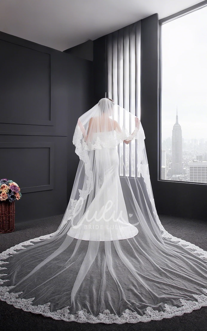Floral Bohemian Two-Tier Lace Edge Long Cathedral Length WeddingVeils with Comb