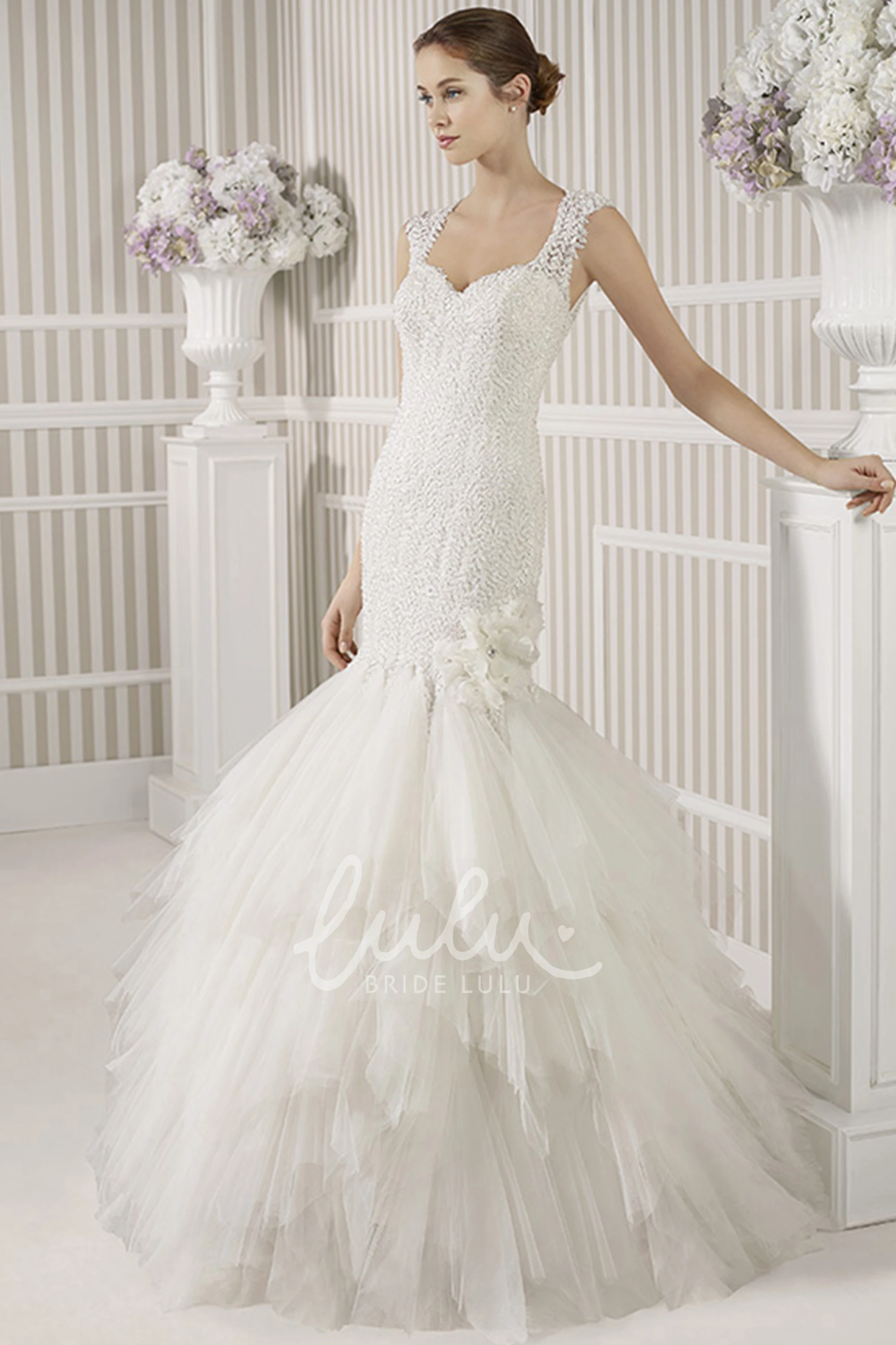 Mermaid Tulle Wedding Dress with Cascading-Ruffle Flower and Beading in Floor-Length