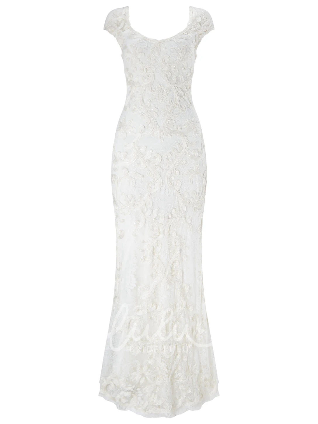 Embroidered Lace Wedding Dress Sheath Cap-Sleeve V-Neck