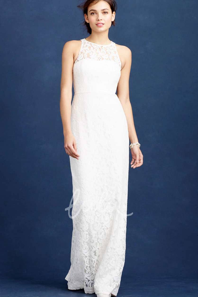 Lace Pencil Winter Wedding Dress with Scoop Neck Sleeveless Design and Split-Back Floor-Length