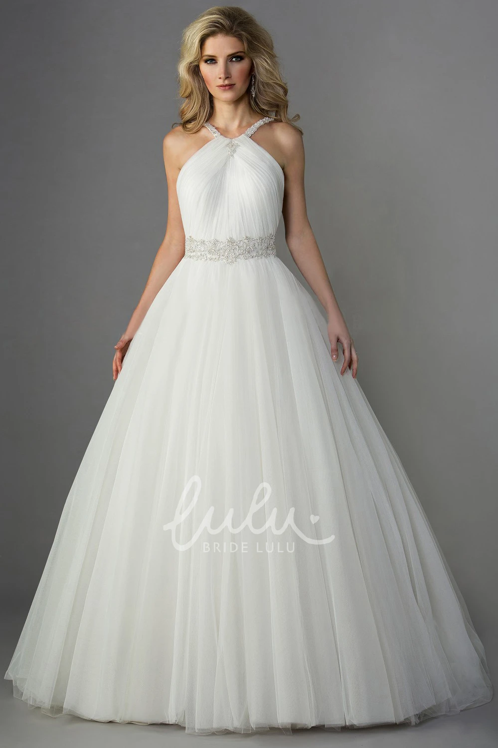 Shining Beaded Halter Ballgown Wedding Dress with Ruches