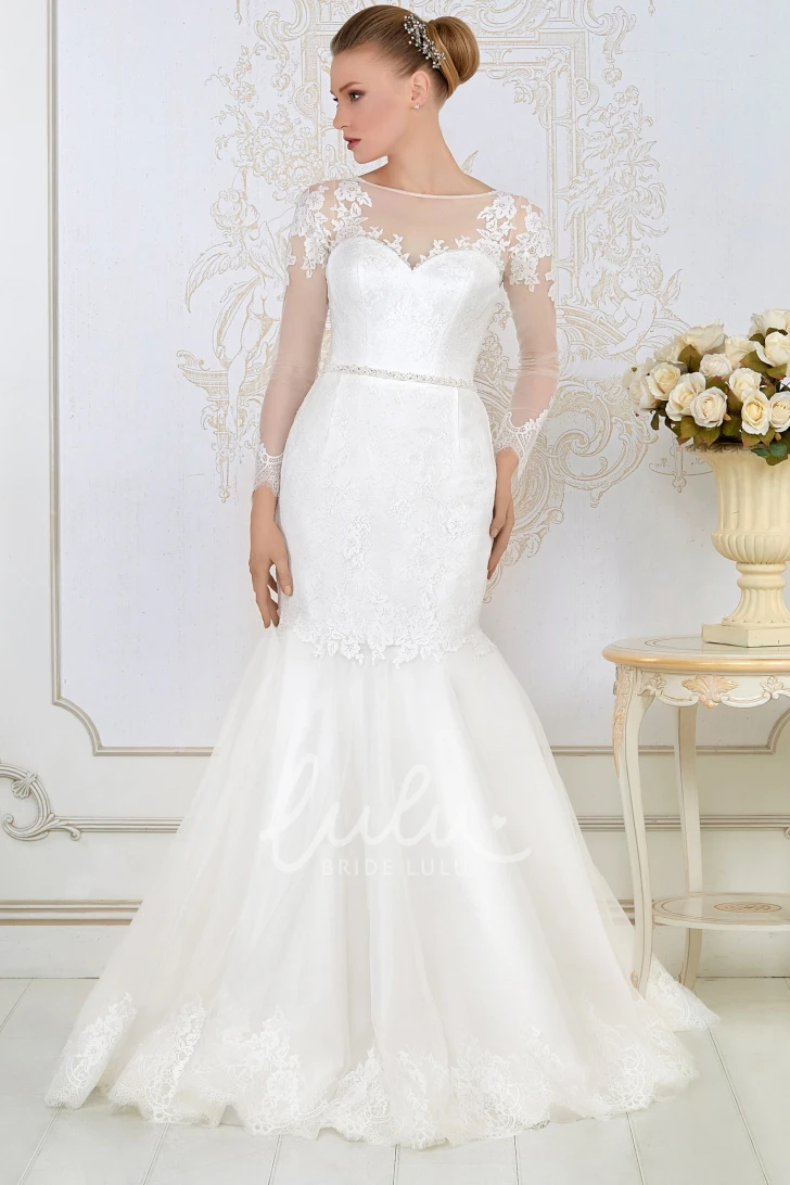 Lace Mermaid Long-Sleeve Jewel-Neck Wedding Dress with Waist Jewelry