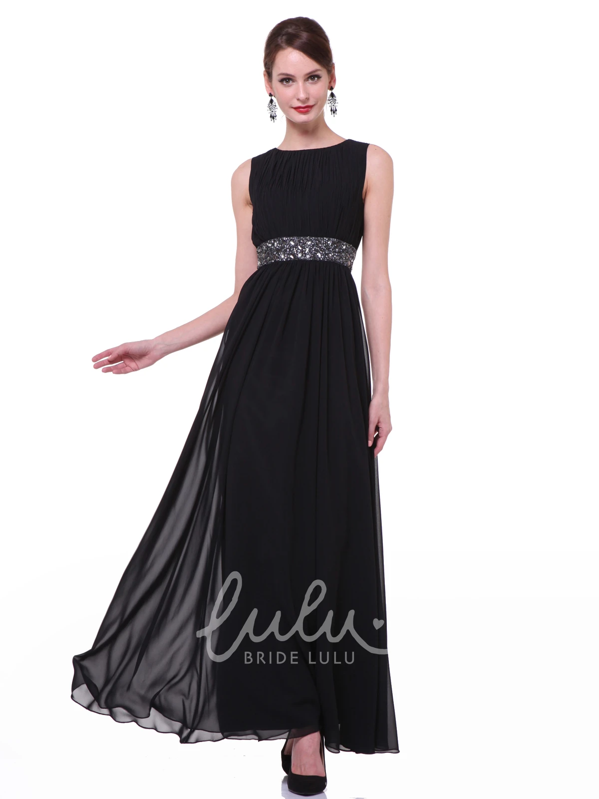Jewel-Neck Sleeveless Chiffon A-Line Formal Dress with Waist Jewellery
