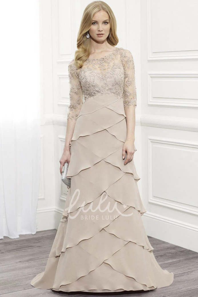 Tiered Chiffon Floor-Length Dress with Scoop Neck and Half Sleeves for Formal Affairs