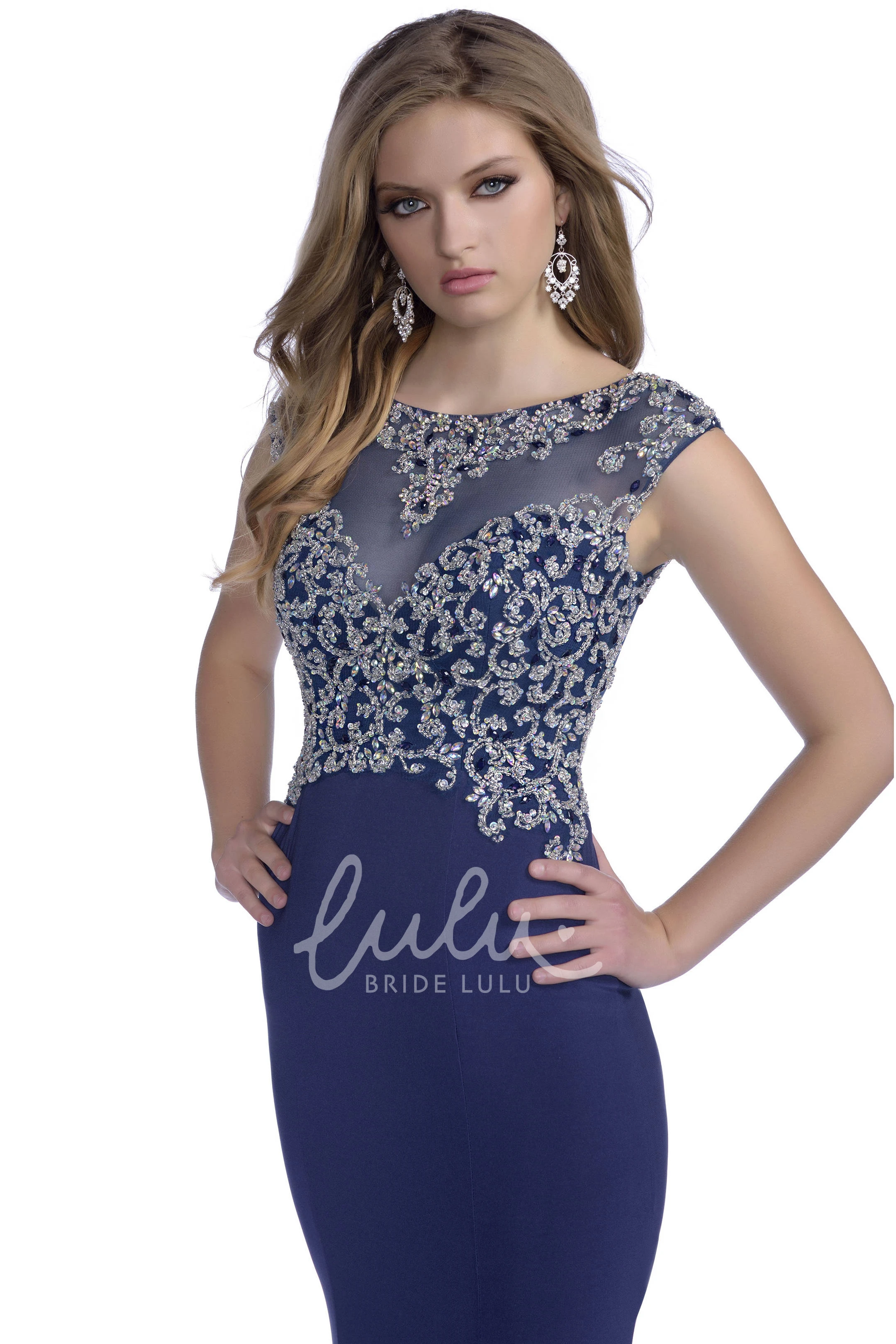 Mermaid Jersey Cap Sleeve Prom Dress Rhinestone Court Train Women's Modern