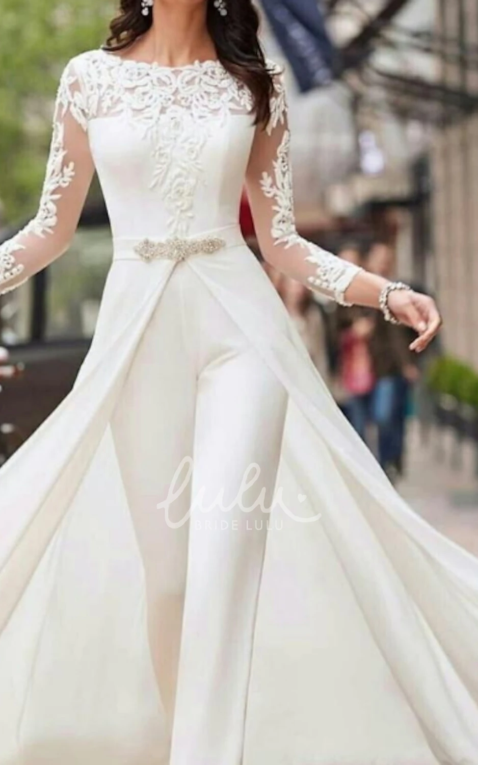 Satin Two-Piece Wedding Dress Illusion Sleeves Elegant Garden Jumpsuit