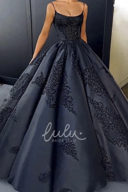 Elegant Satin Ball Gown with Lace Appliques Spaghetti Straps and Ruffles