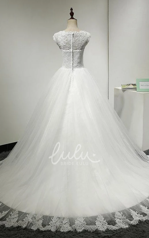 Cap Sleeve Tulle Ball Gown Jewel Neck Scalloped Hem Wedding Dress