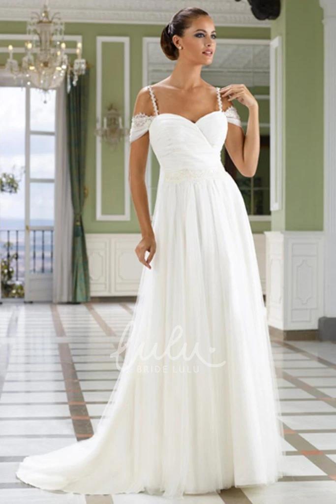 Floor-Length Tulle Wedding Dress with Appliques Spaghetti Straps and V-Back