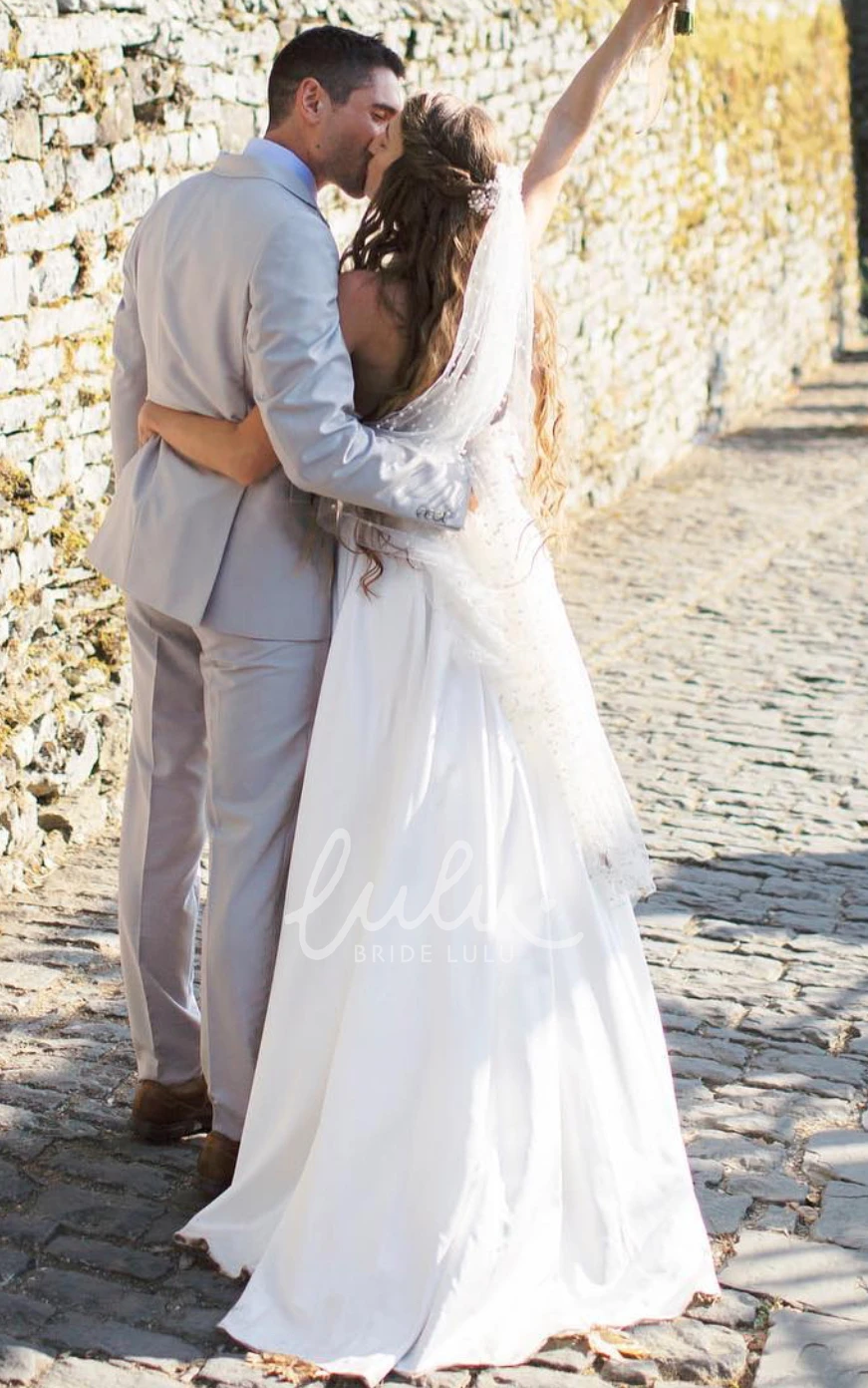 Strapless Satin Garden Wedding Dress with Backless and Illusion Sleeves Casual A-Line