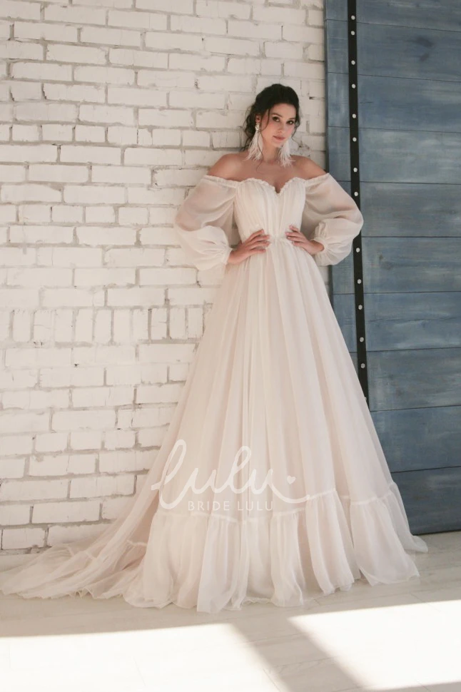 Elegant Chiffon Wedding Dress with Off-shoulder Sleeves and Appliques Classy and Modern