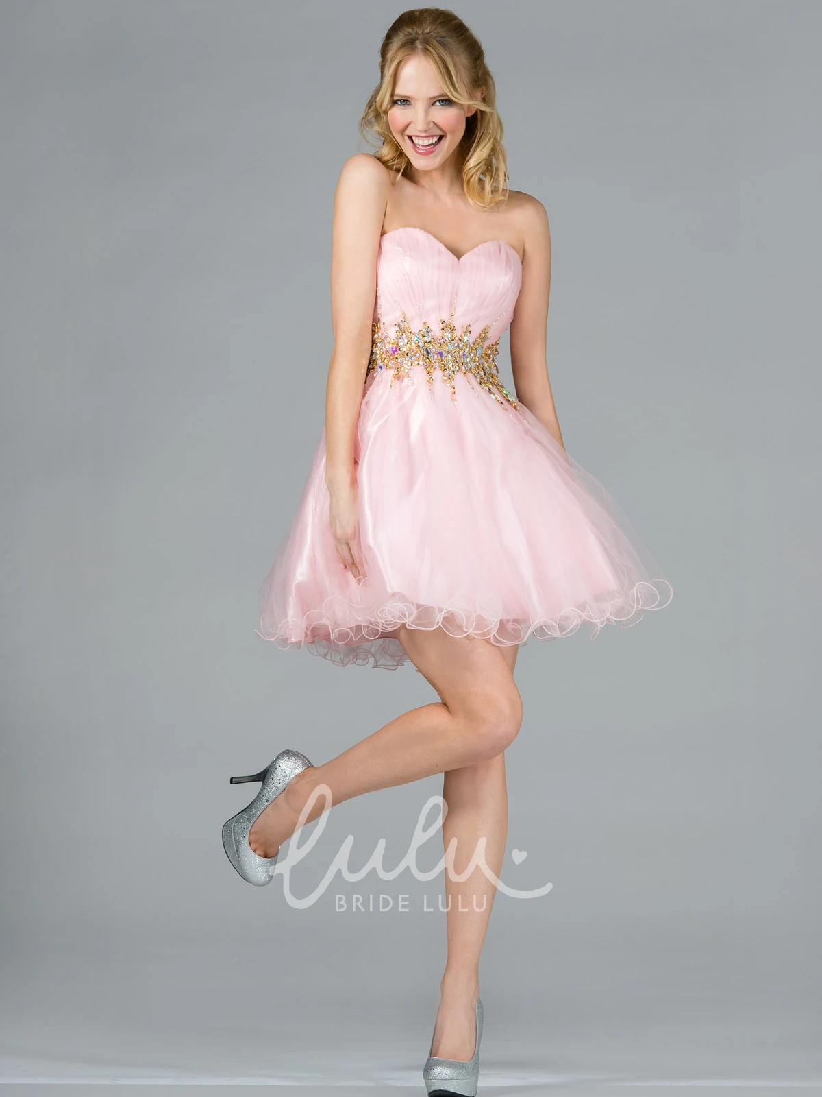 Sweetheart Satin A-Line Mini Dress with Ruffles and Waist Jewelry Formal Dress