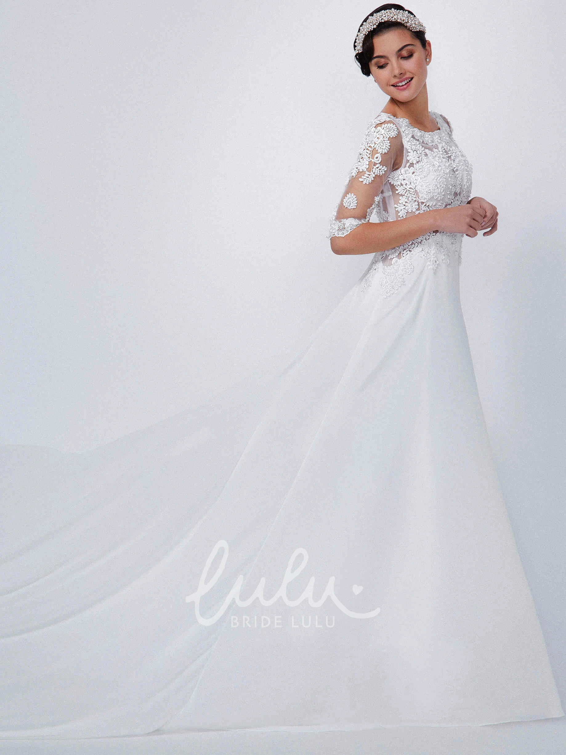 Appliqued A-Line Lace&Chiffon Bridesmaid Dress Half-Sleeve Floor-Length