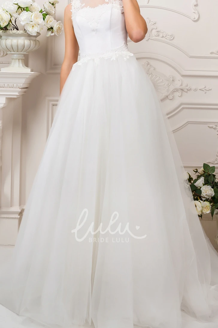 Appliqued Tulle Ball Gown Wedding Dress Sleeveless Jewel-Neck Floor-Length Bridal Gown