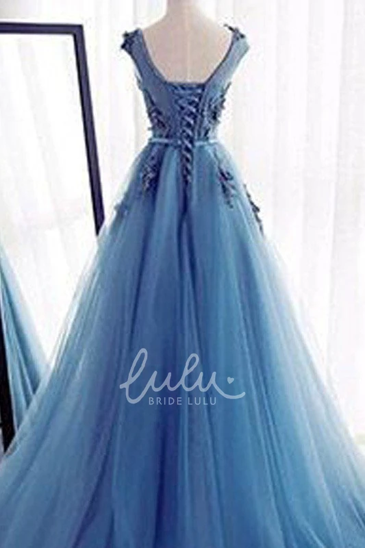 Jewel Lace Tulle A-Line Prom Dress Cap Short Sleeve