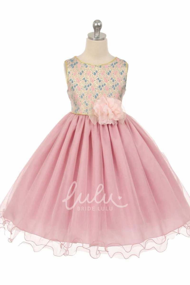 Flower Girl Dress with Beaded Tulle Floral Design Tea-Length Sash and Brooch Classy Look