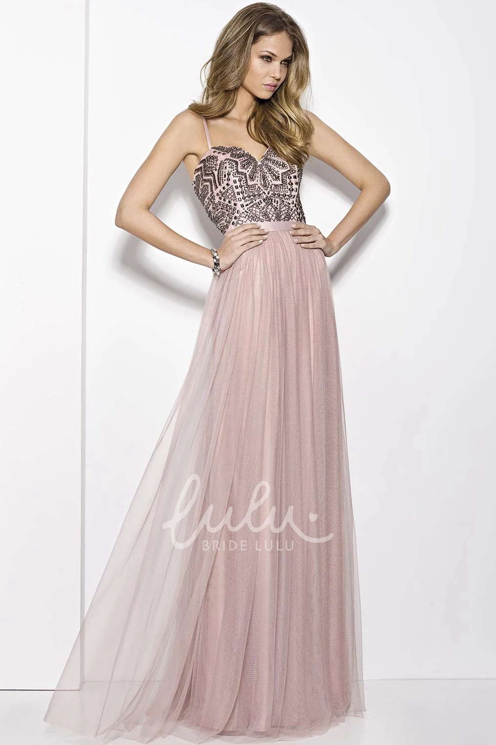 Beaded Tulle Maxi Prom Dress with Pleats and Straps