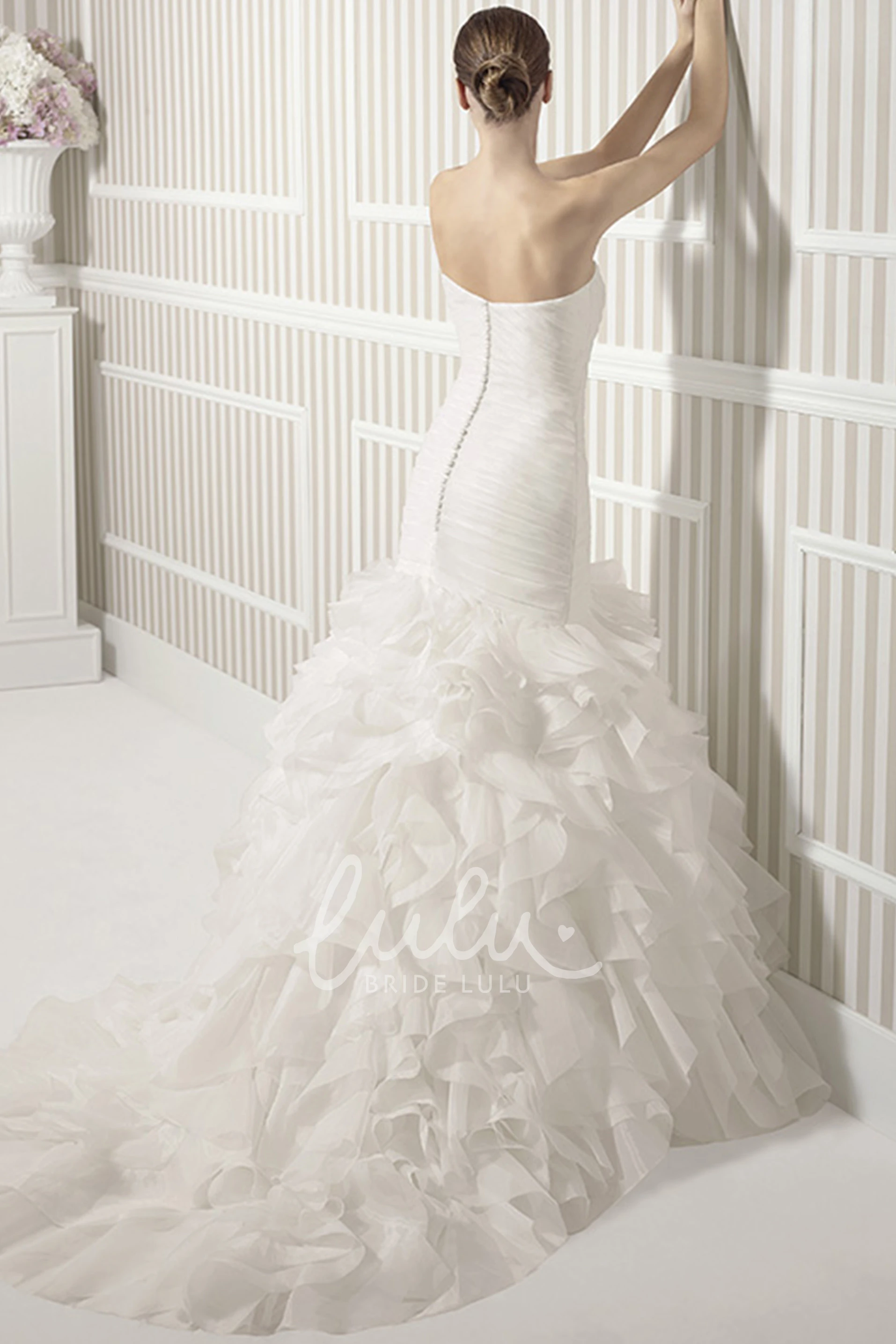 Cascading-Ruffle Sleeveless Sweetheart Organza Mermaid Wedding Dress with Criss Cross and Broach Unique Mermaid Wedding Dress