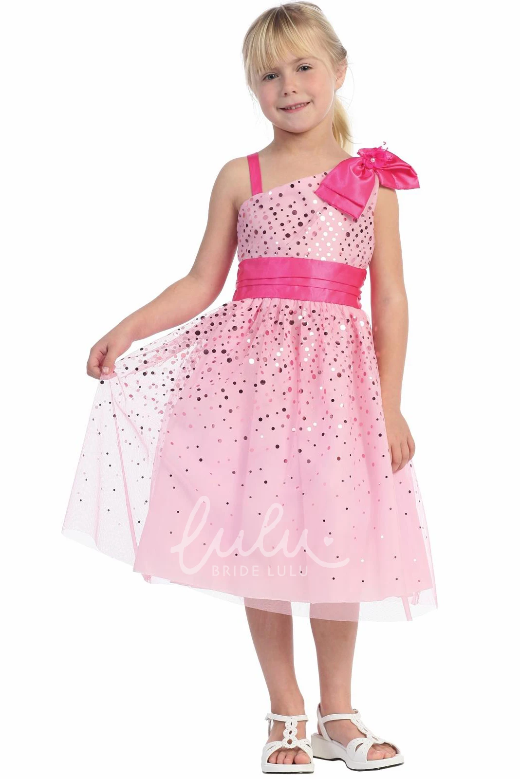 Floral Bowed Tulle&Satin Flower Girl Dress Tea-Length