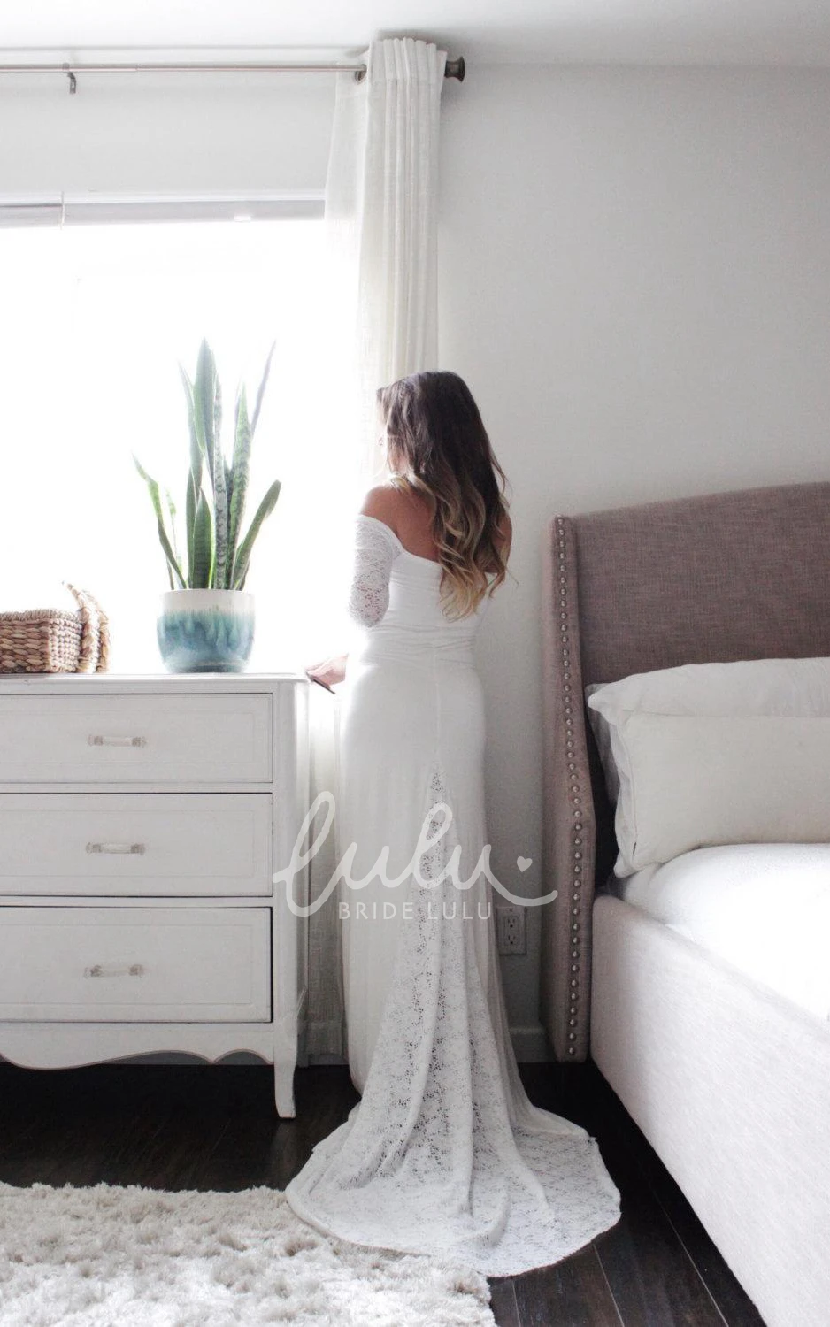 Maternity Lace Dress with Off-The-Shoulder Design and Sweep Train for Wedding or Photoshoot