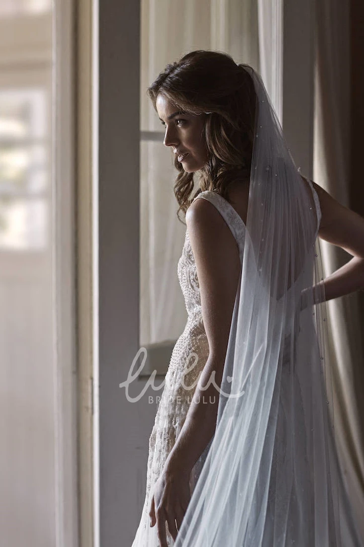 Vintage Pearl Tulle Wedding Dress Veil Elegant Long Style