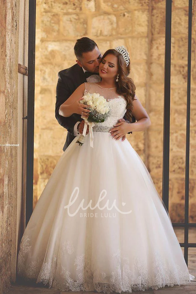 Illusion Tulle Ball Gown Wedding Dress with Lace Appliques Newest Beaded Design