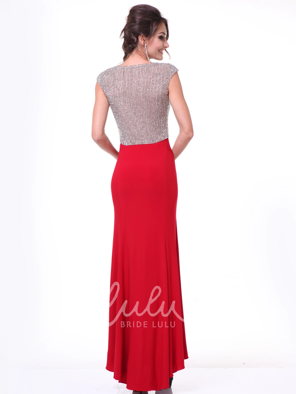 Floor-Length Scoop-Neck Cap-Sleeve Jersey Dress With Beading Sheath